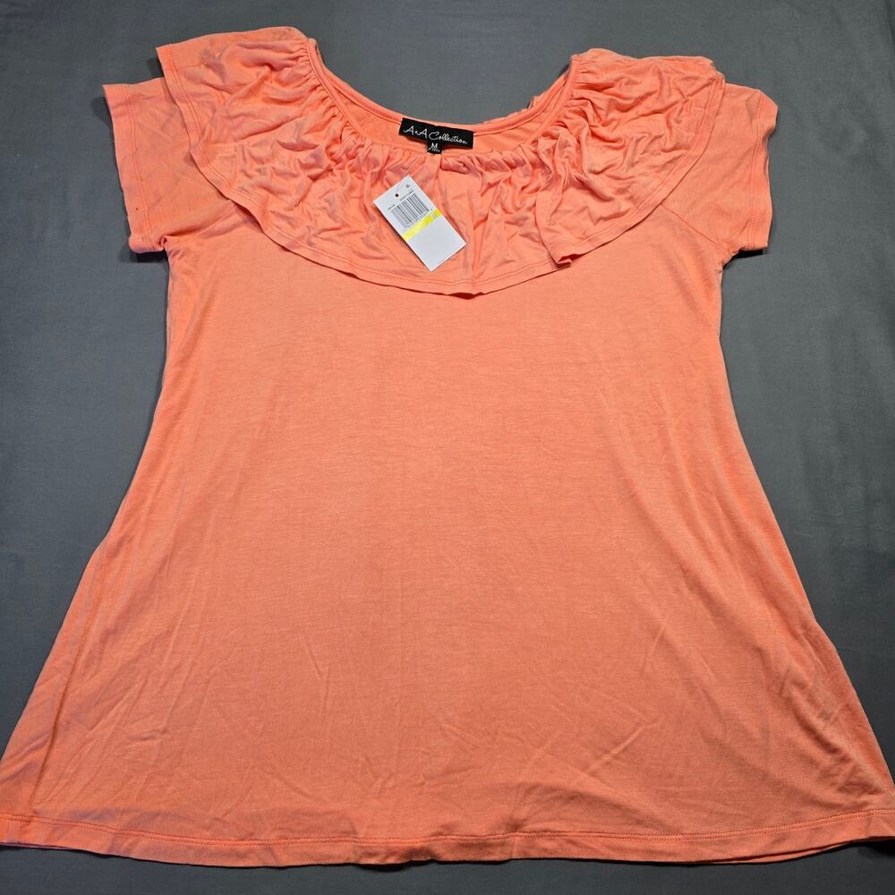 A+A Collection Orange Shirt Preppy Ruffled Tee Scoop Neck NEW Womens Size M Top